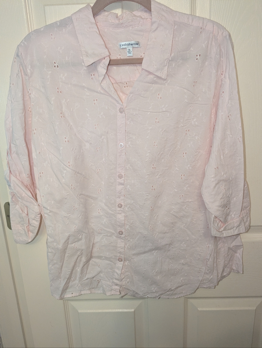Croft & Barrow Women’s XL Pink Eyelet Embroidered Button 3/4 Sleeve 100% Cotton